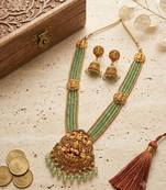 gold plated temple haram set with green bead necklace & jhumkas