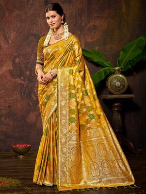smart and ethnic mustard yellow color silk blend fabric woven designer ethnic rich looks saree 1