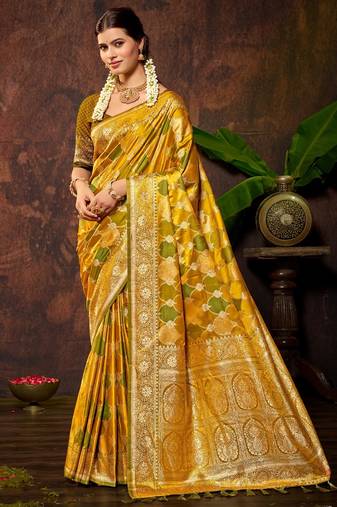 smart and ethnic mustard yellow color silk blend fabric woven designer ethnic rich looks saree