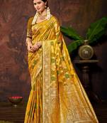 smart and ethnic mustard yellow color silk blend fabric woven designer ethnic rich looks saree