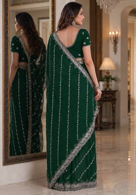 Green soft georgette embroidery work festive saree with unstitched blouse piece 3