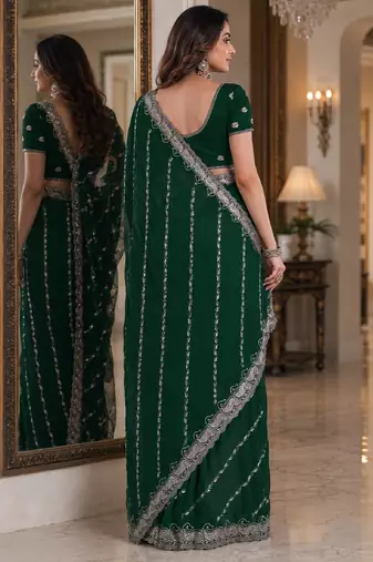Green soft georgette embroidery work festive saree with unstitched blouse piece