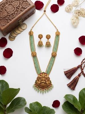 gold plated temple haram set with green bead necklace & jhumkas 2