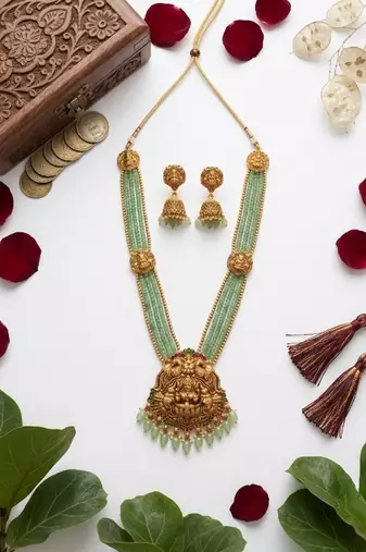 gold plated temple haram set with green bead necklace & jhumkas