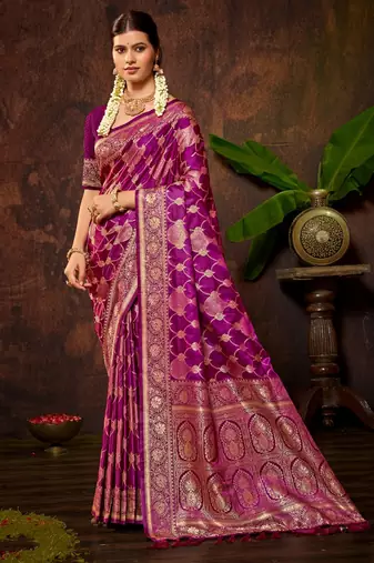 smart and ethnic deep magenta color silk blend fabric woven designer ethnic rich looks saree