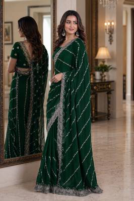 Green soft georgette embroidery work festive saree with unstitched blouse piece 4