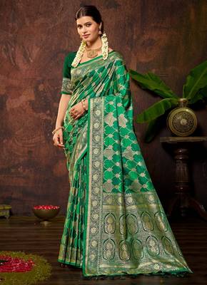 smart and ethnic emerald green color silk blend fabric woven designer ethnic rich looks saree 1