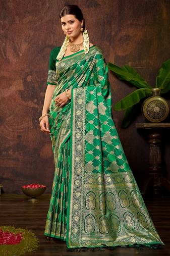 smart and ethnic emerald green color silk blend fabric woven designer ethnic rich looks saree