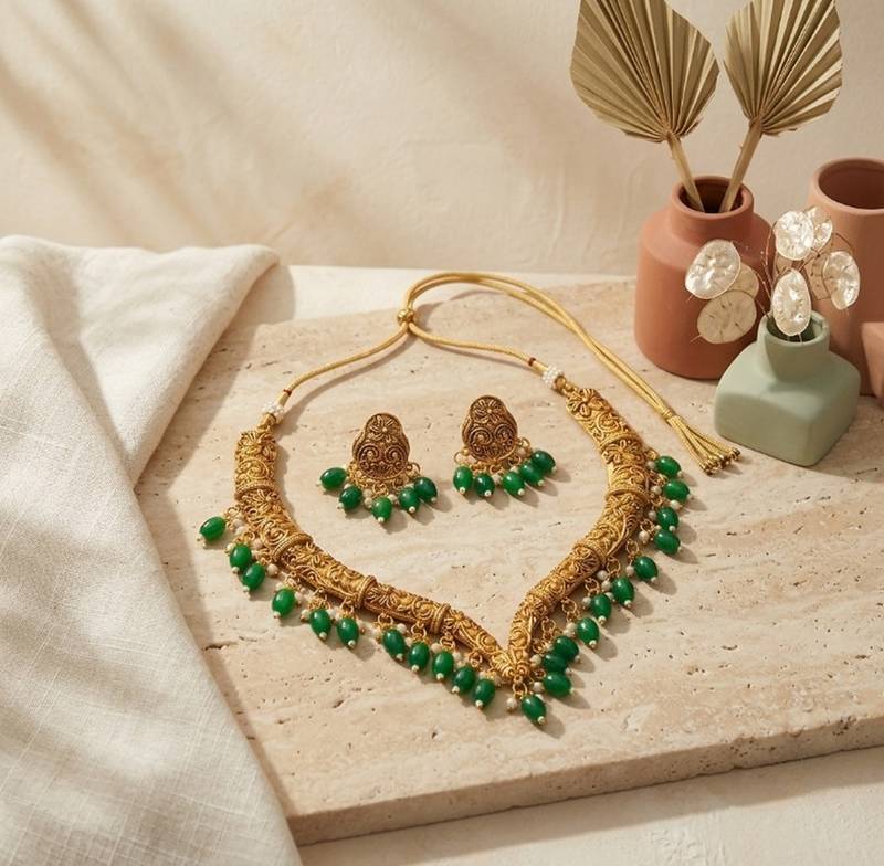 gold plated choker necklace set with pearl drops