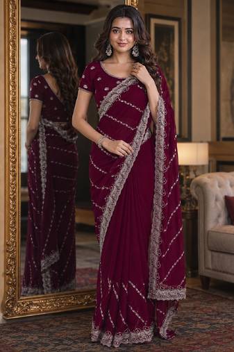 Wine soft georgette embroidery work festive saree with unstitched blouse piece