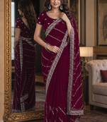 Wine soft georgette embroidery work festive saree with unstitched blouse piece