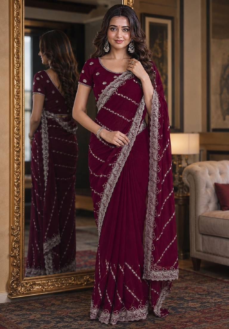 Wine soft georgette embroidery work festive saree with unstitched blouse piece