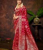 smart and ethnic crimson color silk blend fabric woven designer ethnic rich looks saree