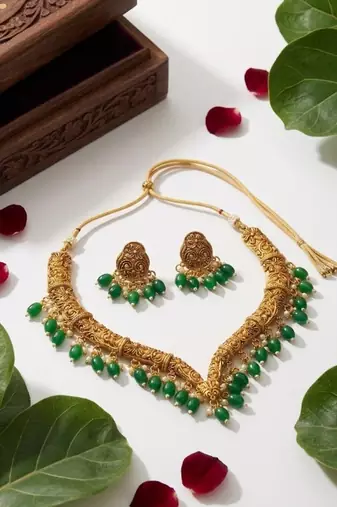 gold plated choker necklace set with pearl drops