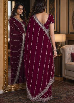Wine soft georgette embroidery work festive saree with unstitched blouse piece 3