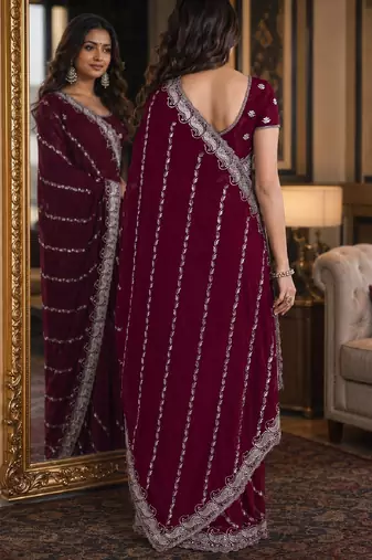 Wine soft georgette embroidery work festive saree with unstitched blouse piece