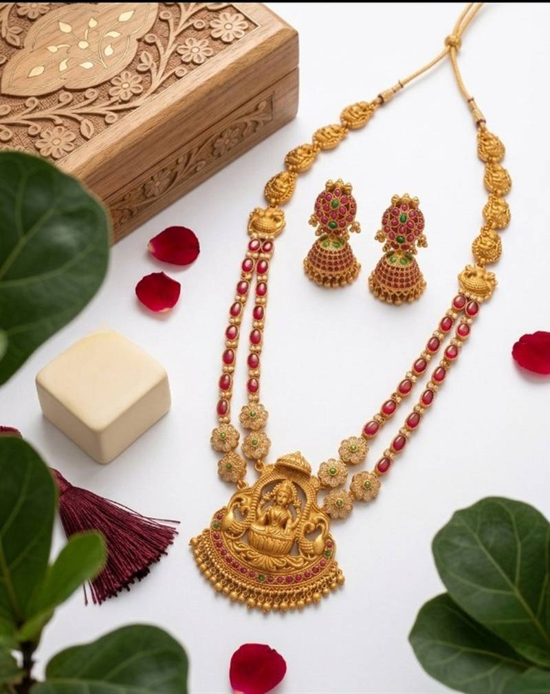 gold plated lakshmi temple necklace set with earrings