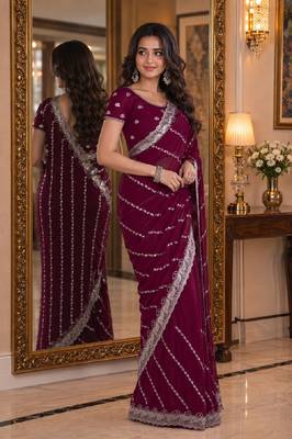 Wine soft georgette embroidery work festive saree with unstitched blouse piece 4