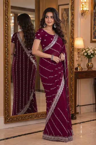 Wine soft georgette embroidery work festive saree with unstitched blouse piece