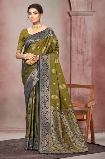 olive green color smart soft silk blend woven designer ethnic festive saree