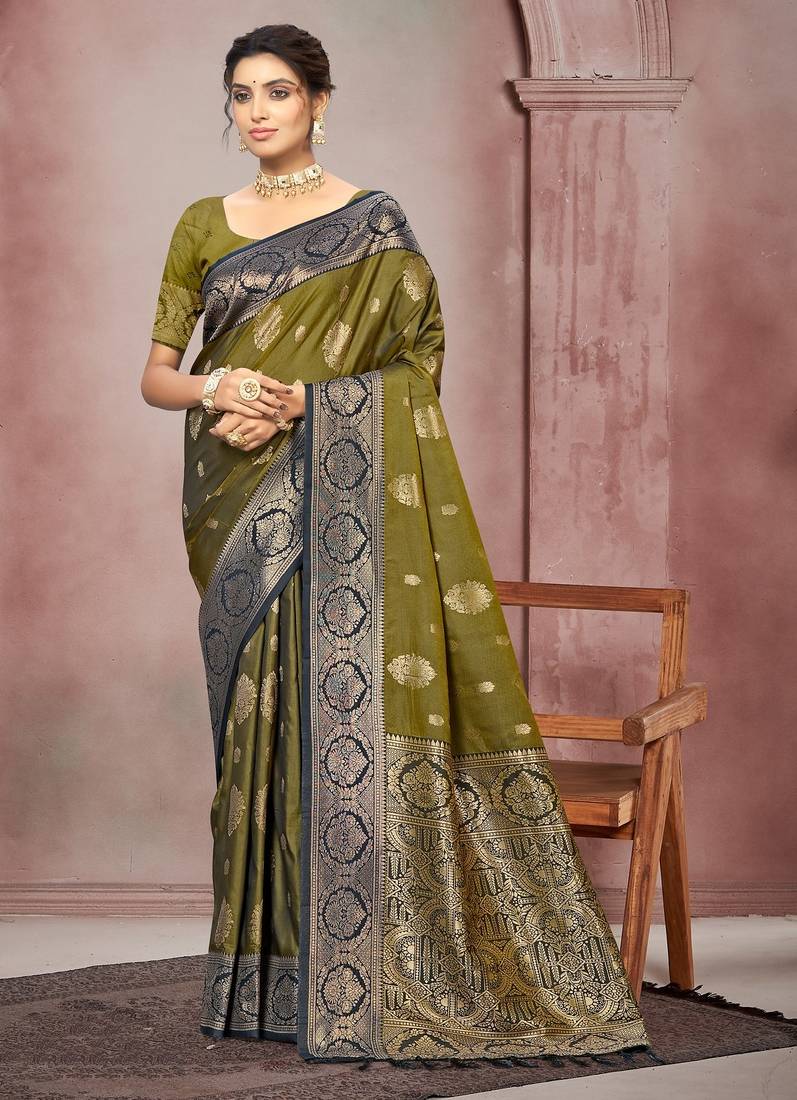 olive green color smart soft silk blend woven designer ethnic festive saree
