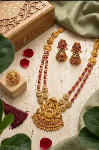 gold plated lakshmi temple necklace set with earrings