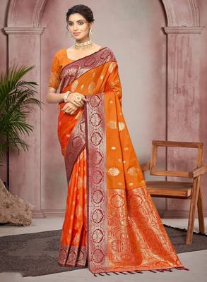 bright orange color smart soft silk blend woven designer ethnic festive saree 1