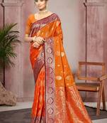 bright orange color smart soft silk blend woven designer ethnic festive saree
