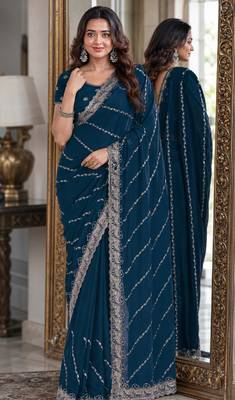 Morpich soft georgette embroidery work festive saree with unstitched blouse piece 1