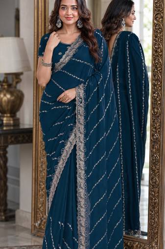 Morpich soft georgette embroidery work festive saree with unstitched blouse piece