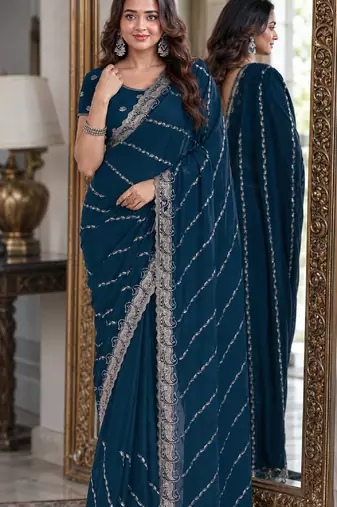 Morpich soft georgette embroidery work festive saree with unstitched blouse piece