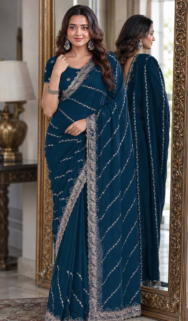Morpich soft georgette embroidery work festive saree with unstitched blouse piece