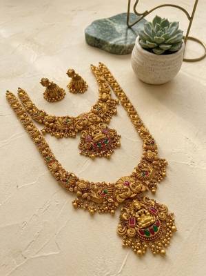 gold plated lakshmi temple necklace set with jhumkas 1