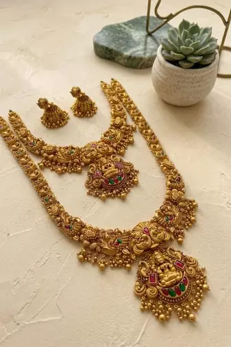 gold plated lakshmi temple necklace set with jhumkas