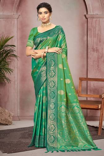 emerald green color smart soft silk blend woven designer ethnic festive saree