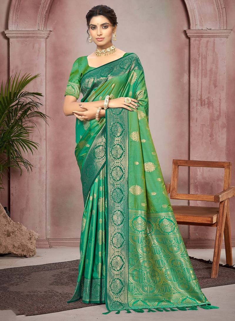 emerald green color smart soft silk blend woven designer ethnic festive saree