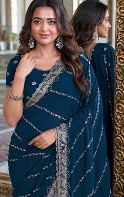 Morpich soft georgette embroidery work festive saree with unstitched blouse piece 2