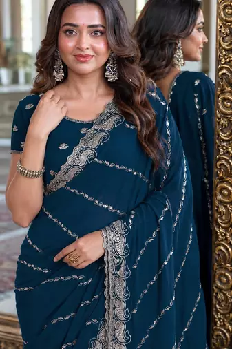 Morpich soft georgette embroidery work festive saree with unstitched blouse piece