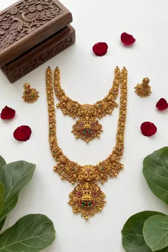 gold plated lakshmi temple necklace set with jhumkas