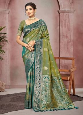 green color smart soft silk blend woven designer ethnic festive saree 1