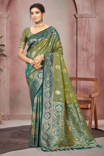 green color smart soft silk blend woven designer ethnic festive saree