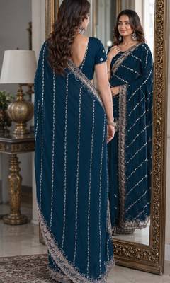 Morpich soft georgette embroidery work festive saree with unstitched blouse piece 3