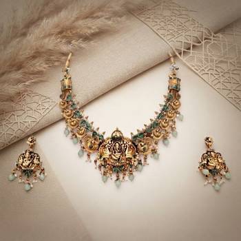 antique gold lakshmi temple necklace set with jhumka earrings 1