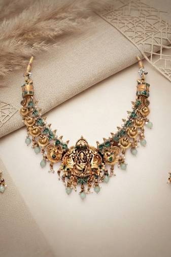 antique gold lakshmi temple necklace set with jhumka earrings