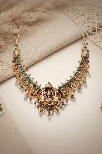 antique gold lakshmi temple necklace set with jhumka earrings