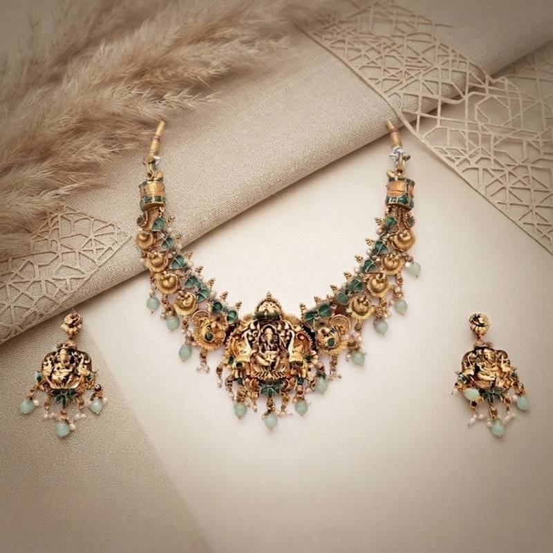 antique gold lakshmi temple necklace set with jhumka earrings