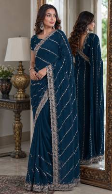 Morpich soft georgette embroidery work festive saree with unstitched blouse piece 4