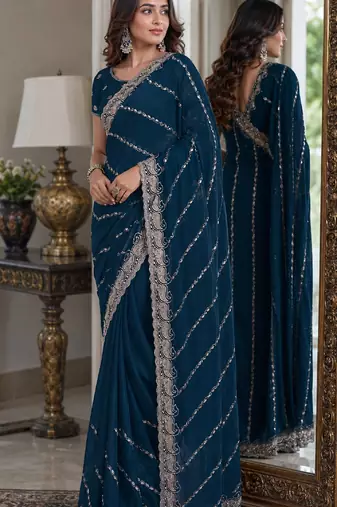 Morpich soft georgette embroidery work festive saree with unstitched blouse piece