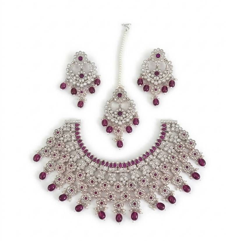 rose gold plated purple bead choker necklace set