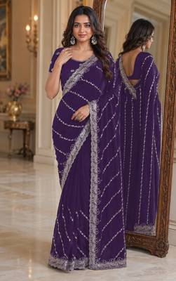 Purple soft georgette embroidery work festive saree with unstitched blouse piece 1